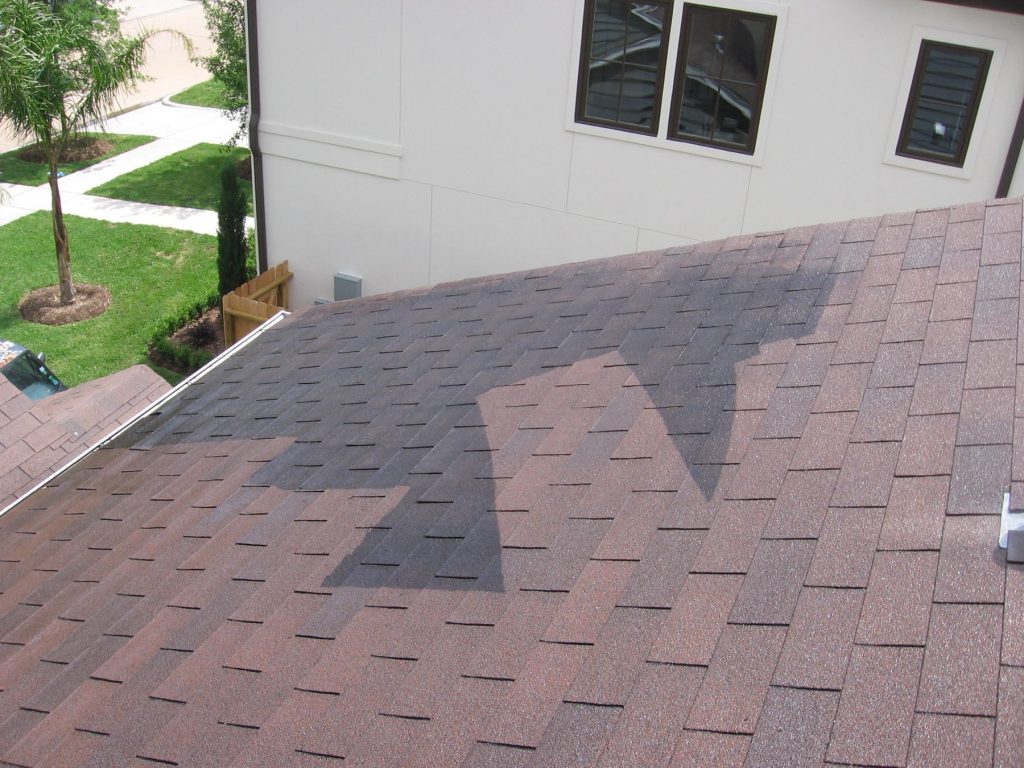Half-cleaned asphalt shingle roof showing clean and dirty sections